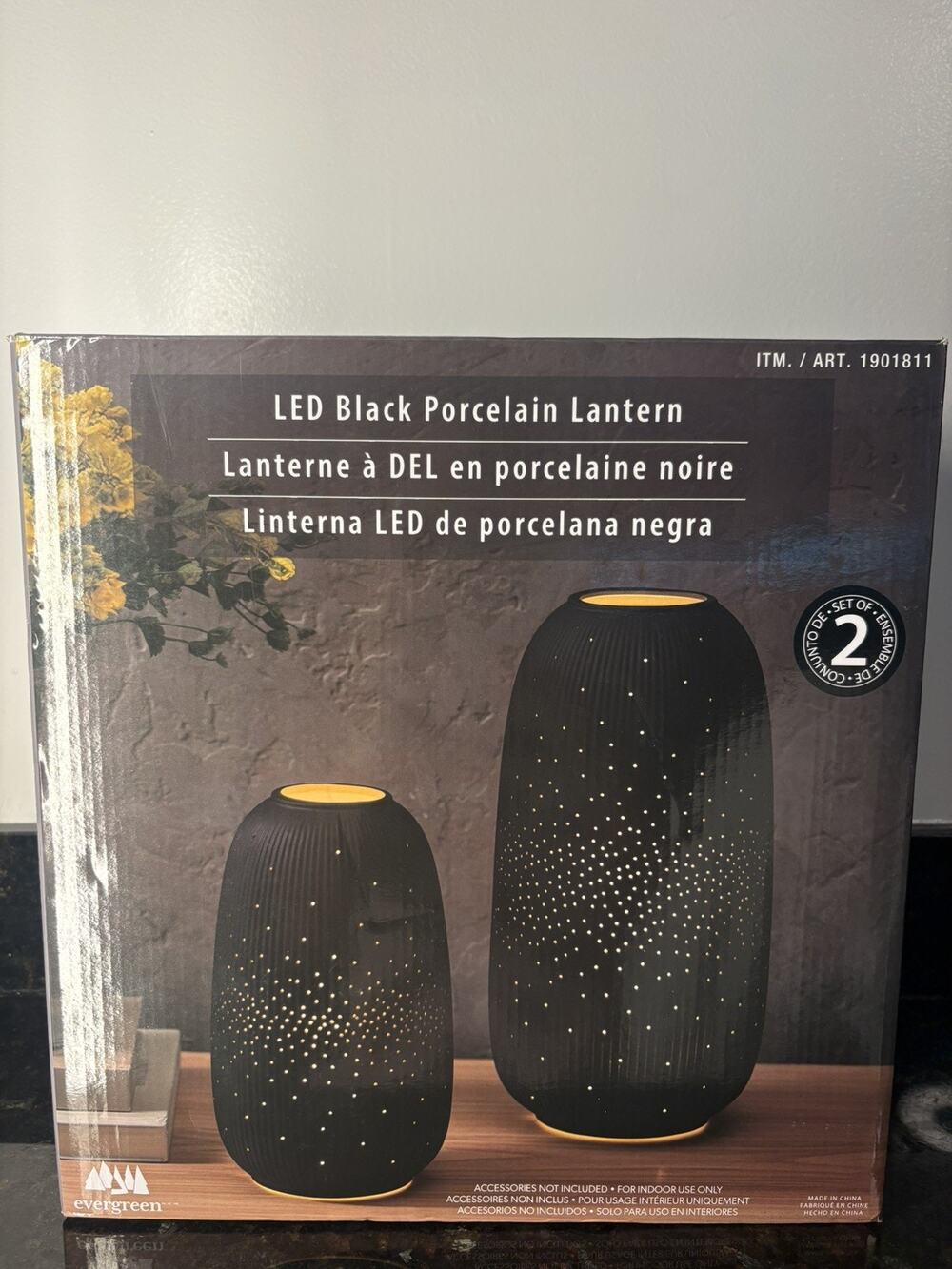 Evergreen LED Black Porcelain Lantern - Set Of 2